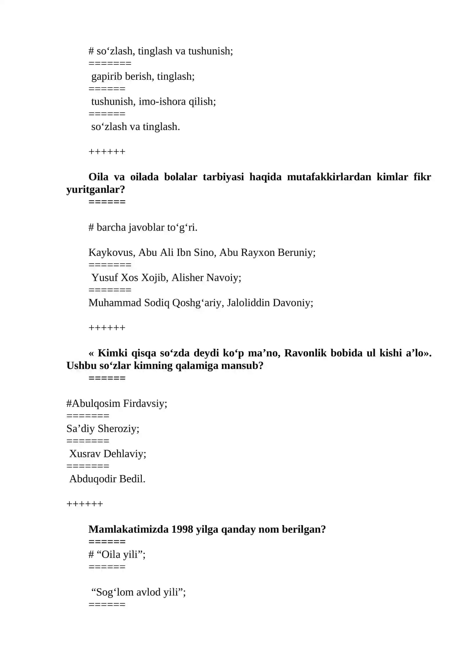 OILA PEDAGOGIKASI FANIDAN TEST TOPSHIRIQLARI 2