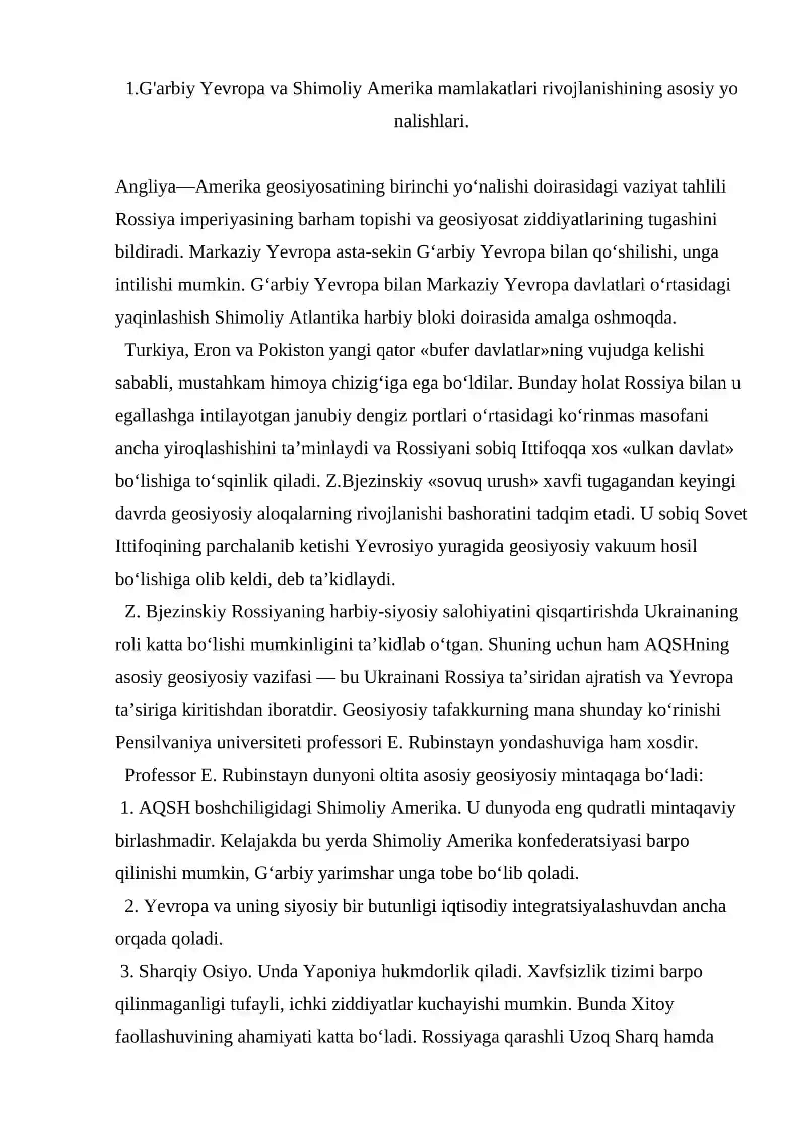 G'arbiy Yevropa va Shimoliy Amerika Mamlakatlari Hamda SSSR va Sharqiy Yevropa Mamlakatlari Rivojlanishining Asosiy Yo'nalishlari 2