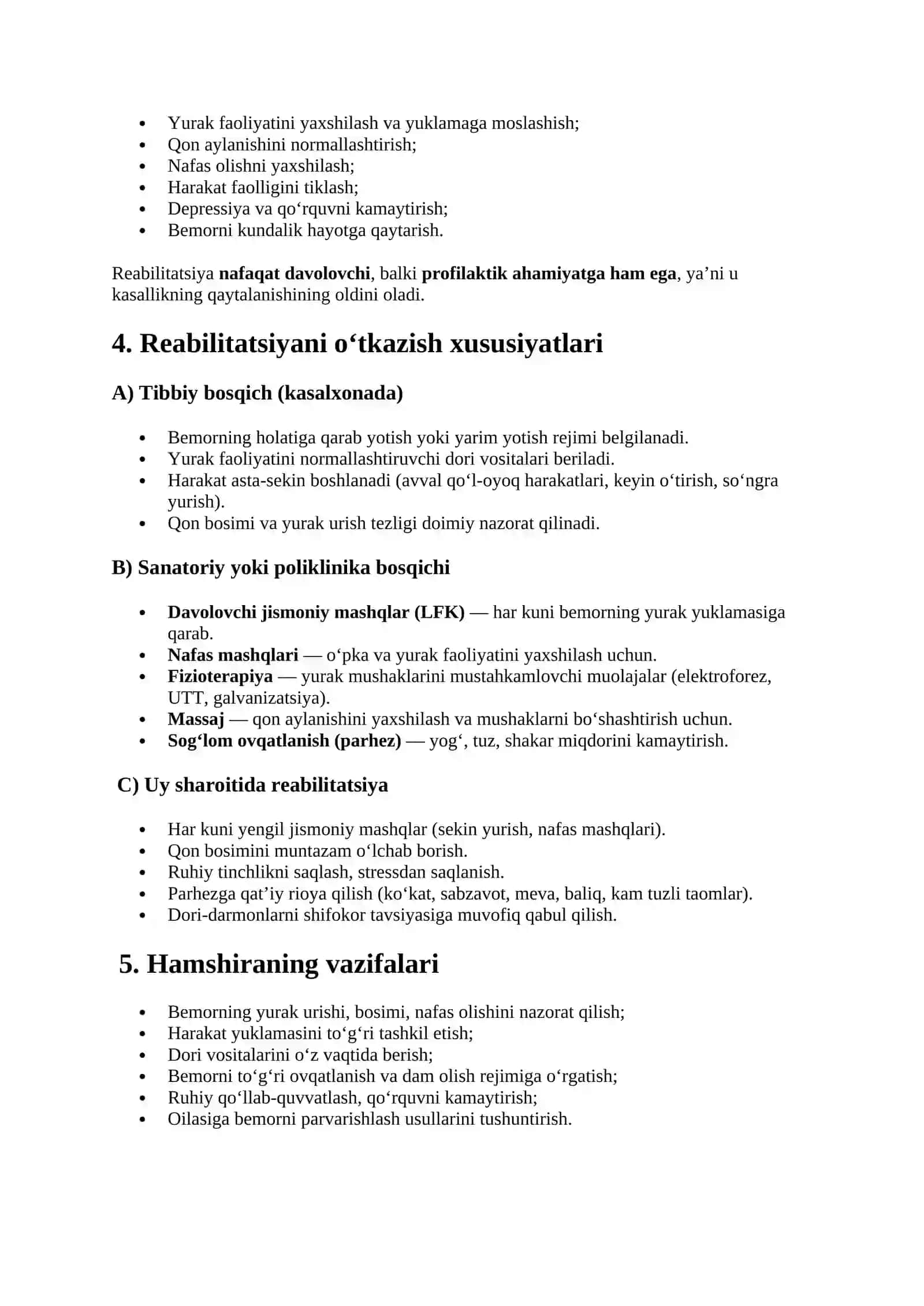 Yurak–qon tomir tizimi kasalliklarida harakatning chegaralanishi yoki buzilishi, reabilitatsiyaning ahamiyati va uni o‘tkazish xususiyatlari 2