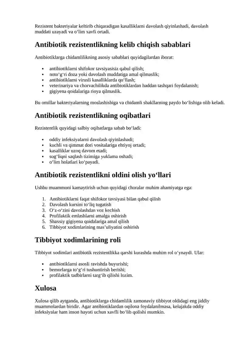 Antibiotiklar va Antibiotiklarga Chidamlilik (Rezistentlik) Muammosi 2