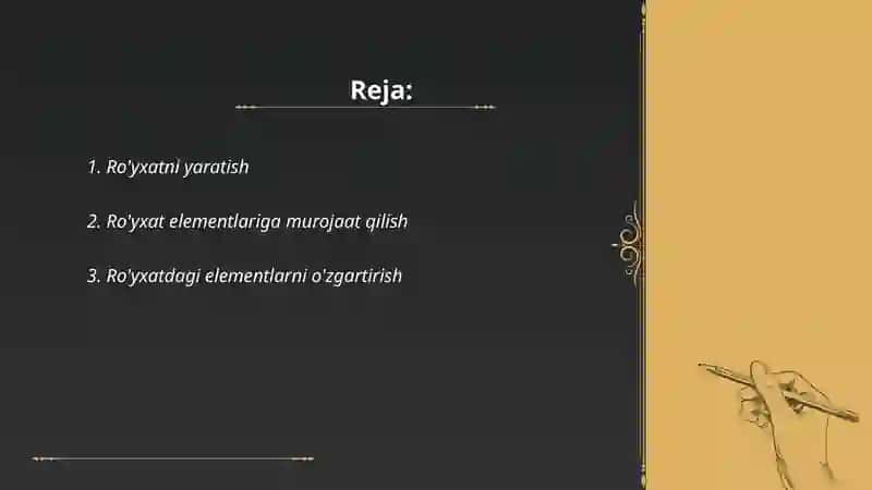 Python dasturlash tilida ro'yxat (List) va uning metodlari 2