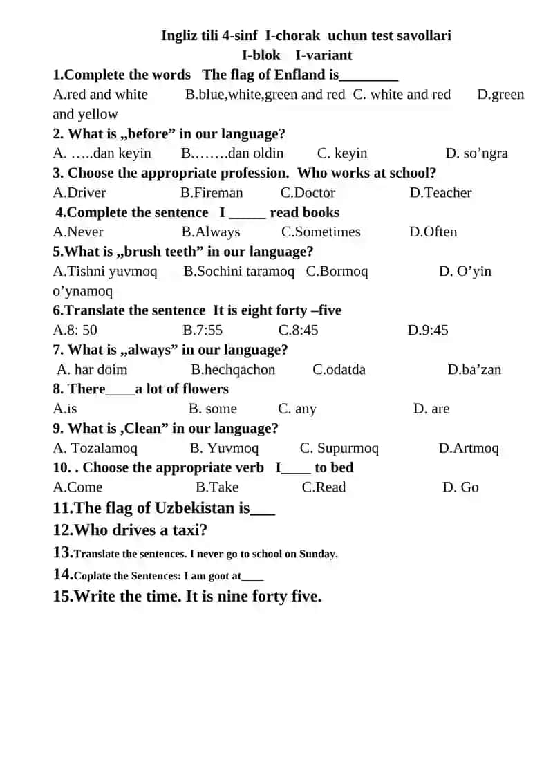 Ona tili 4-sinf I-chorak uchun test savollari 2