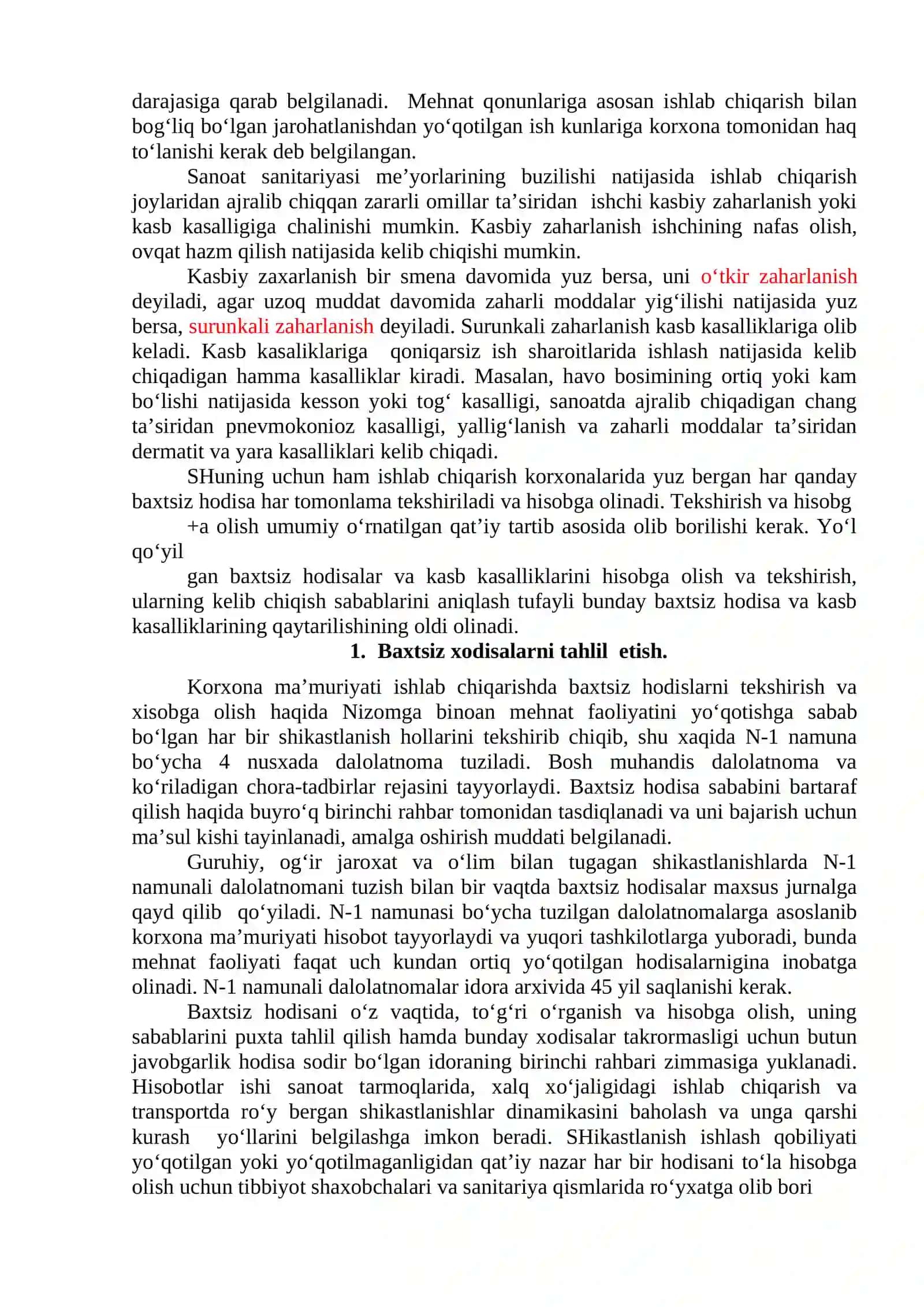 Ishlab chiqarishda yuzaga keladigan baxtsiz xodisalar uchun N-1 shaklidagi dalolatnomani to`ldirish va baxtsiz hodisani baxolash 2