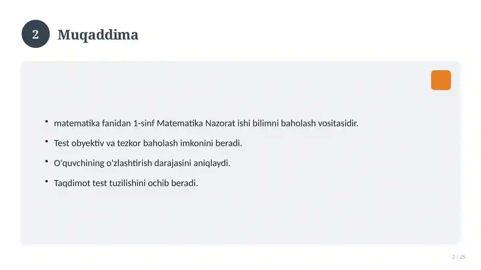 1-sinf Matematika Nazorat ishi 2