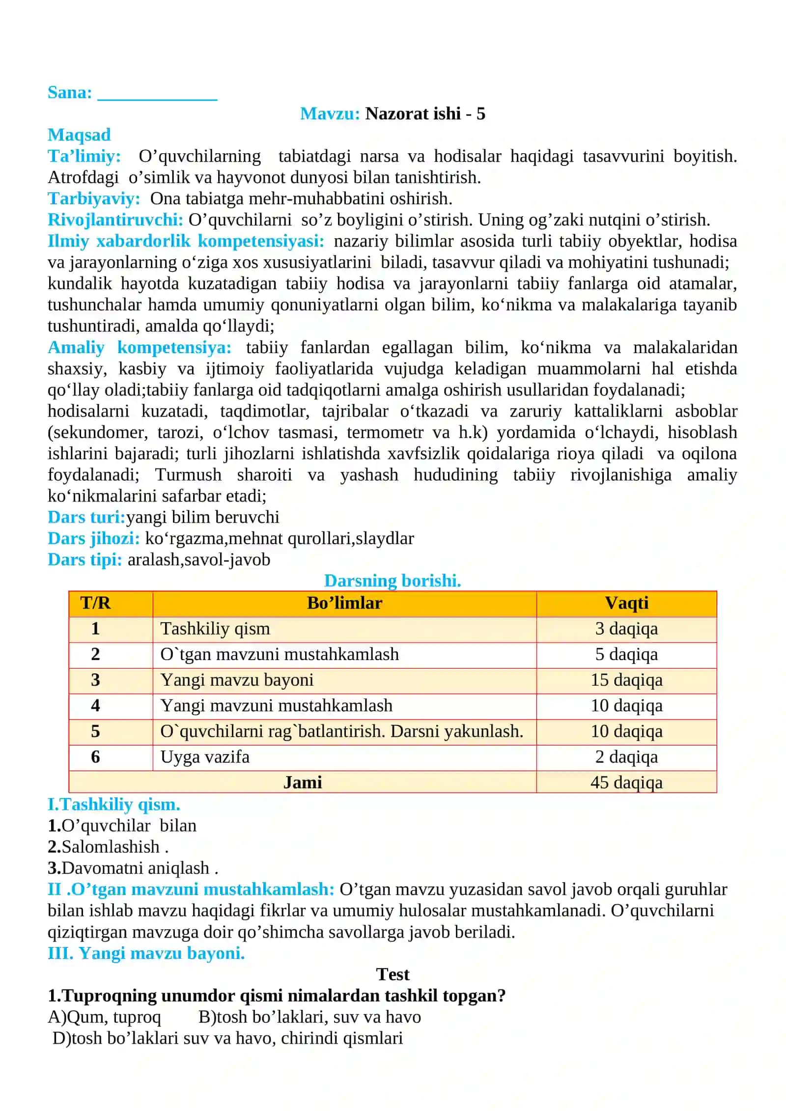3-sinf Tabiiy fan (Science) 5-Nazorat ishi 2