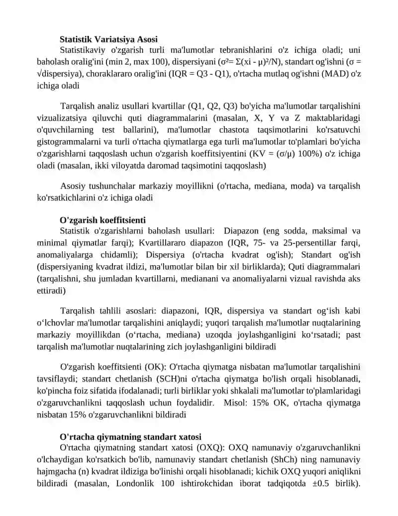 Statistika varyatsiyani baholash usulari va dispirsiyon tahlil asoslari 2