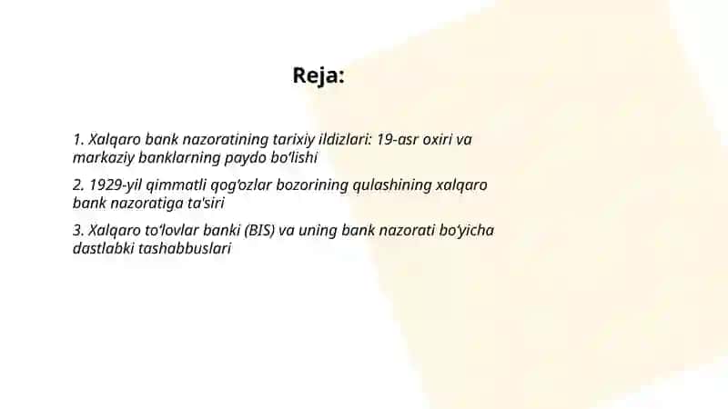 Bank nazorati bo'yicha xalqaro kelishuvlarning kelib chiqishi 2