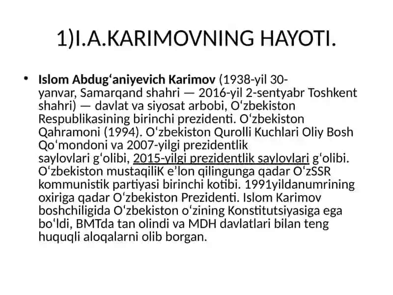 I.A.KARIMOVNING HAYOTI 2