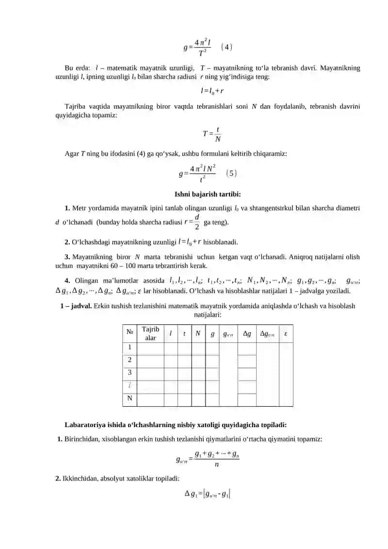 Matematik mayatnik yordamida og‘irlik kuchining tezlanishini aniqlash 2