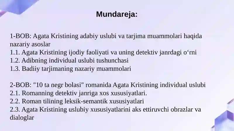 Agata Kristi Individual Uslubi va Tarjima Muammosi ("10 ta Negr Bolasi" romani misolida) 2
