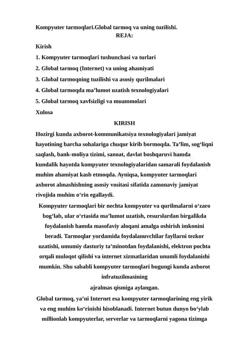 Kompyuter tarmoqlari.Global tarmoq va uning tuzilishi 2