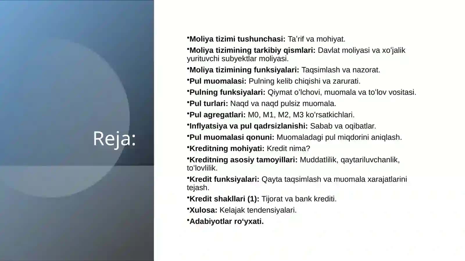 Moliya tizimi pul momulasi. Kredit va banklar 2