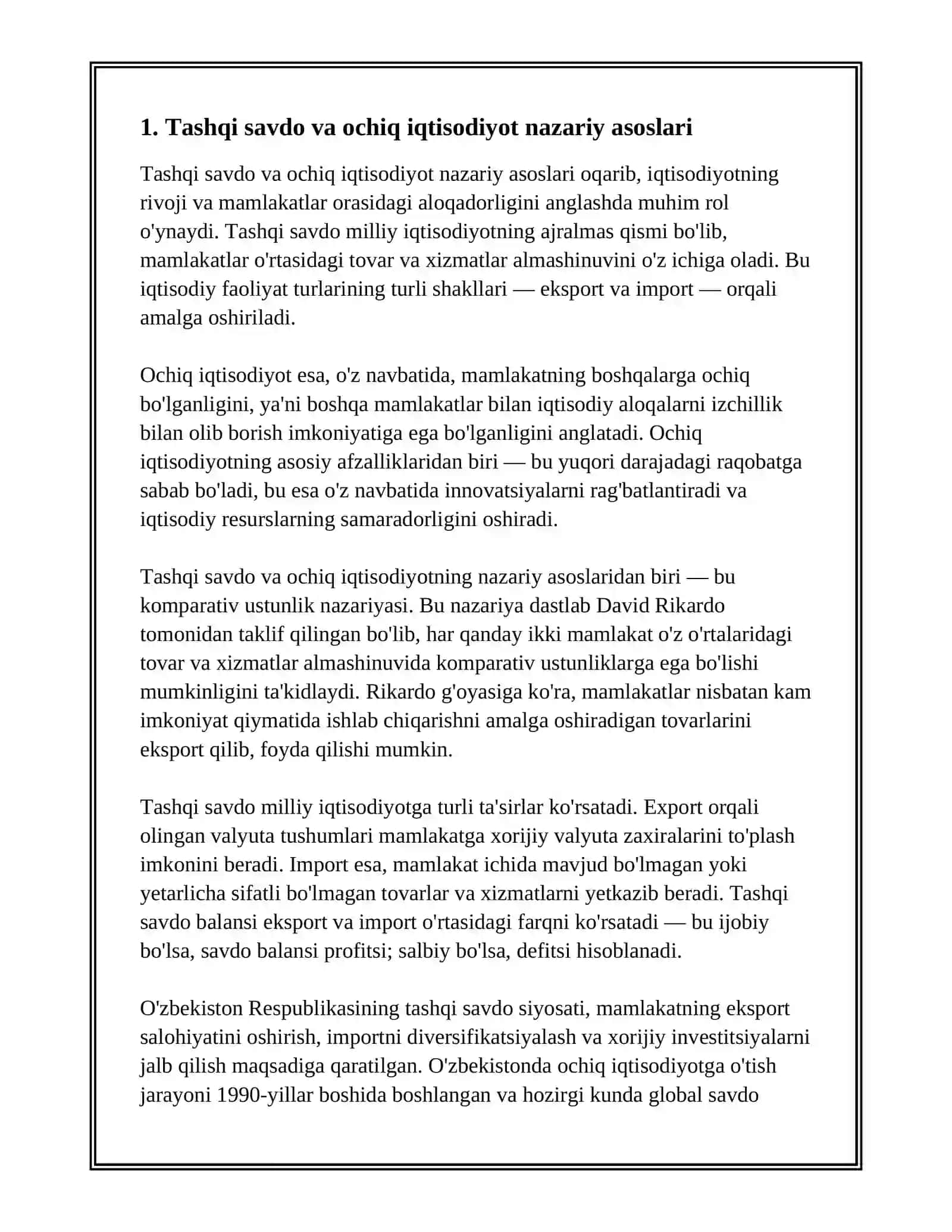 TASHQI SAVDO VA OCHIQ IQTISODIYOT. O'ZBEKISTON SAVDO BALANSINING TAHLILI 2