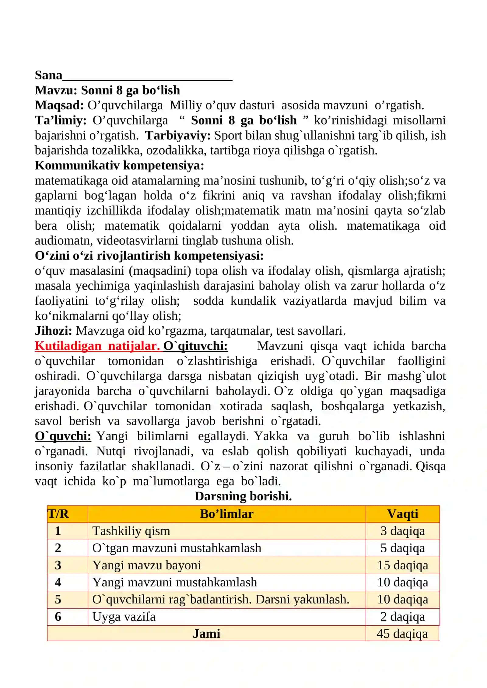 Sonni 8 ga bo‘lish mavzusida 2-sinf matematika fanidan dars ishlanmasi 2
