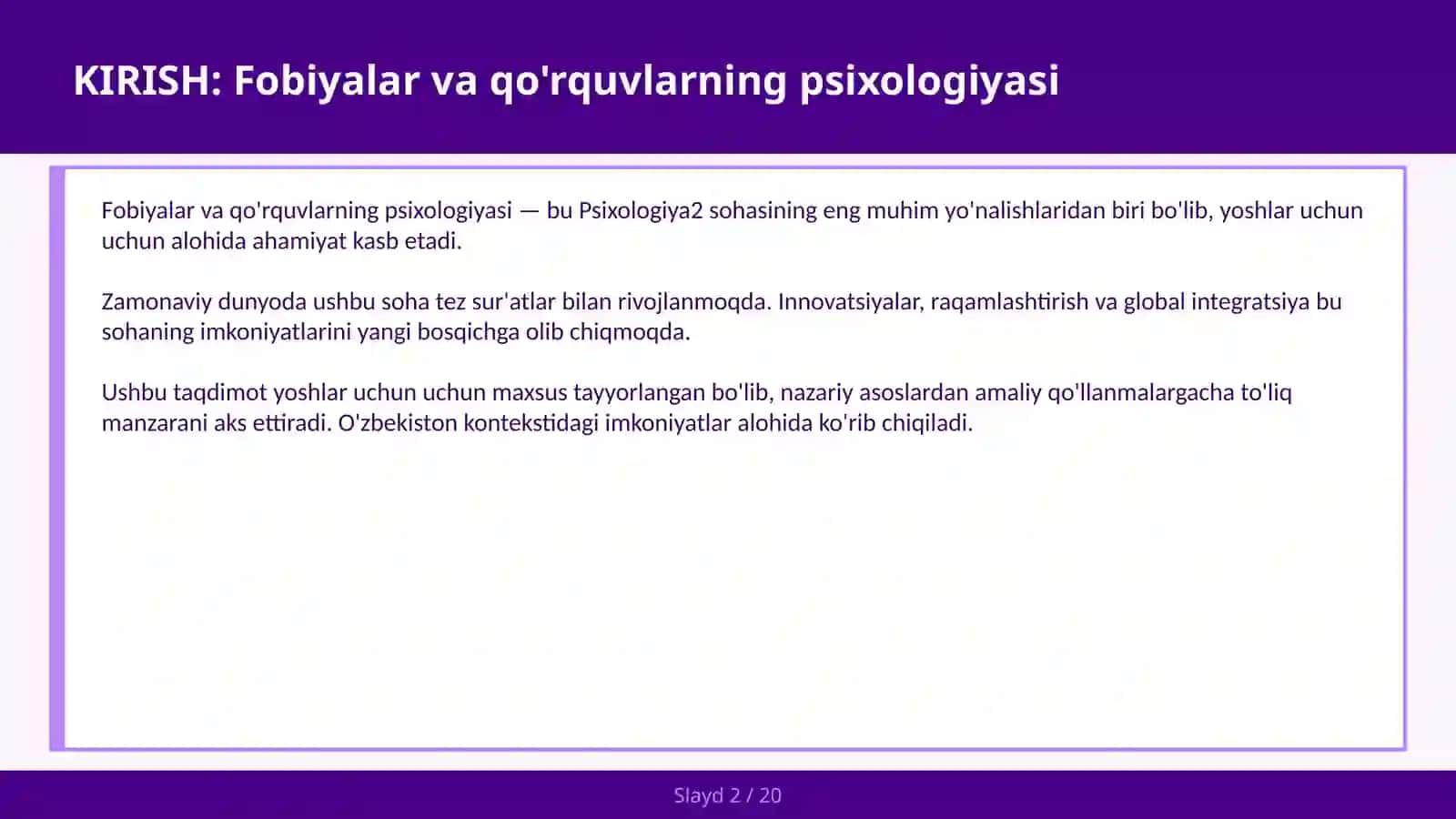 FOBIYALAR VA QO'RQUVLARNING PSIXOLOGIYASI 2