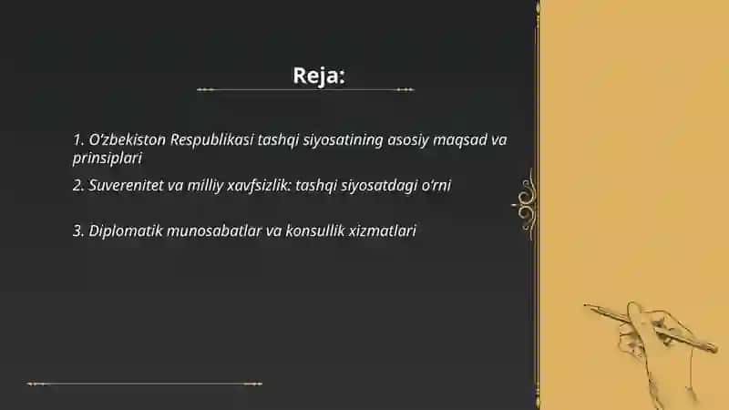 OʻZBEKISTON respublikasining tashqi siyosati 9 sinf huquq darsligi 2