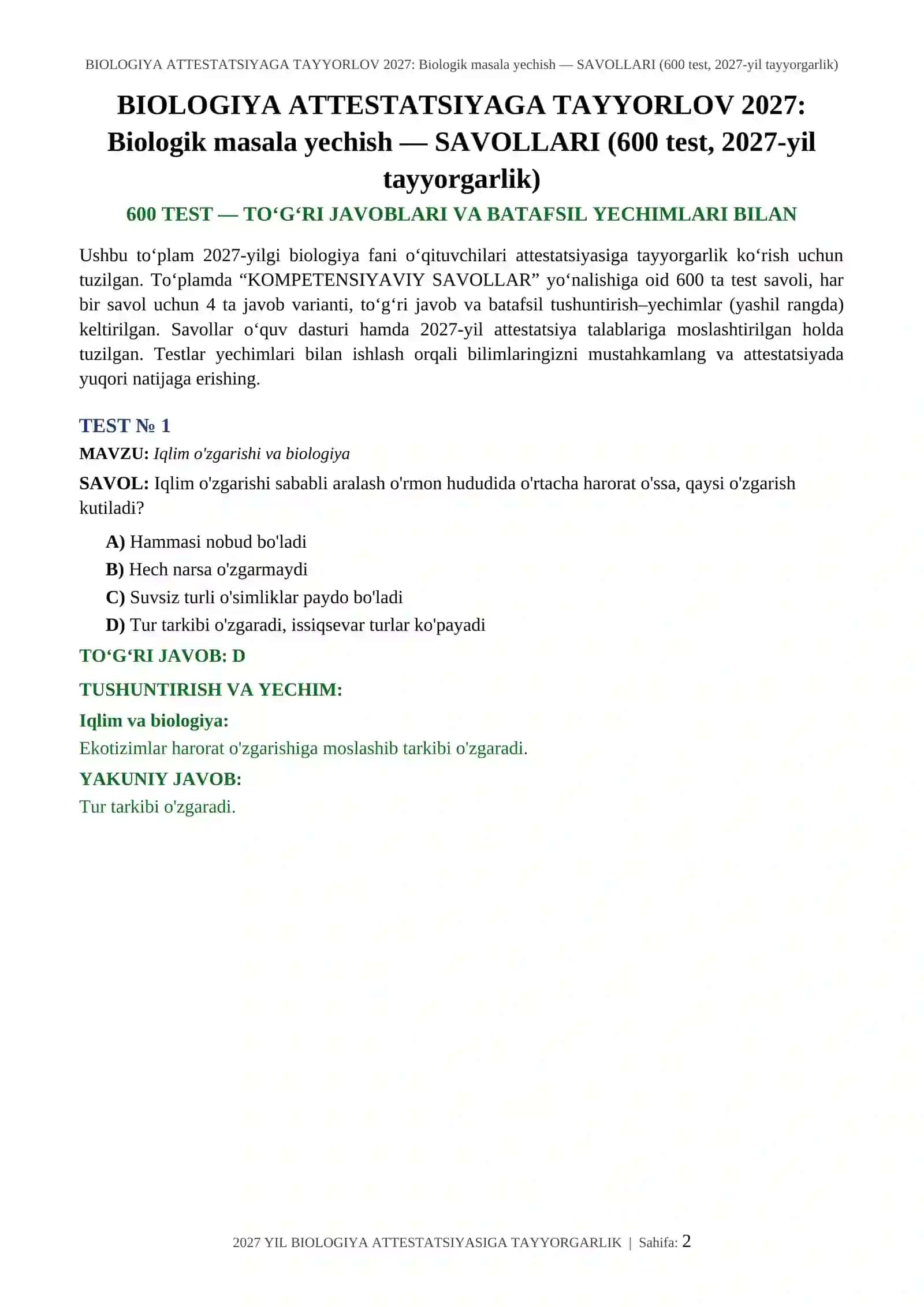 BIOLOGIYA ATTESTATSIYAGA TAYYORLOV 2027: Biologik masala yechish — SAVOLLARI 2