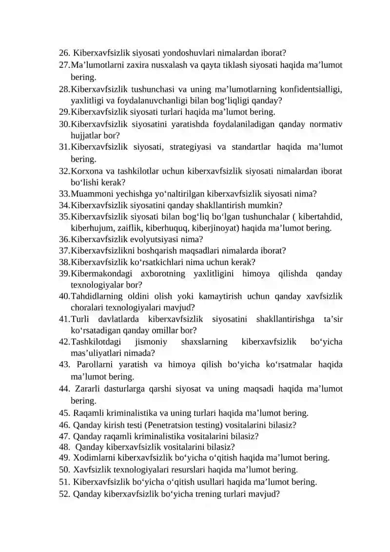 Kiberxavfsizlik siyosati fanidan 4-kurs talabalari uchun savollar ro‘yxati 2