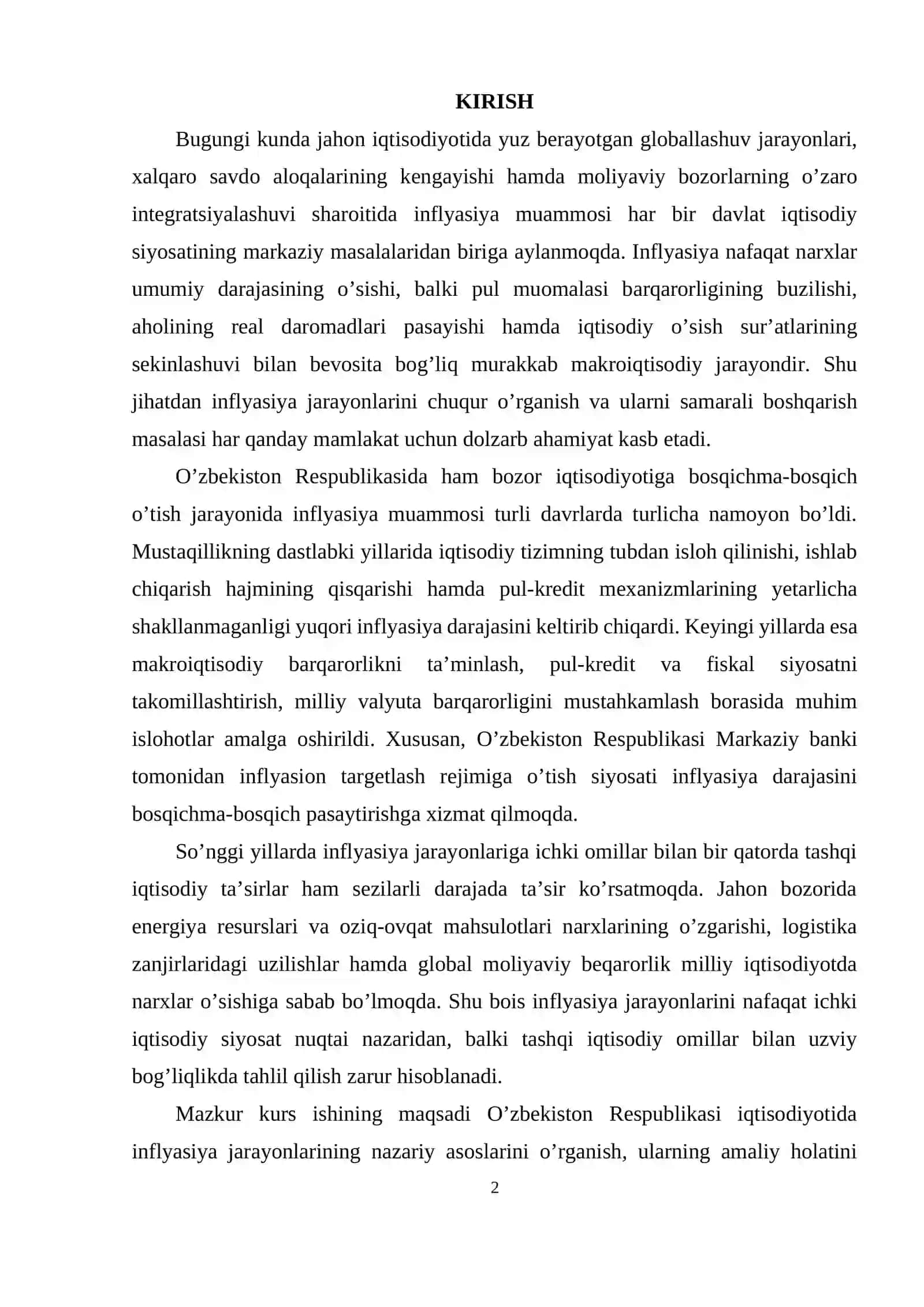 O’ZBEKISTON RESPUBLIKASI IQTISODIYOTIDAGI INFLYASIYA JARAYONLARI TAHLILI 2