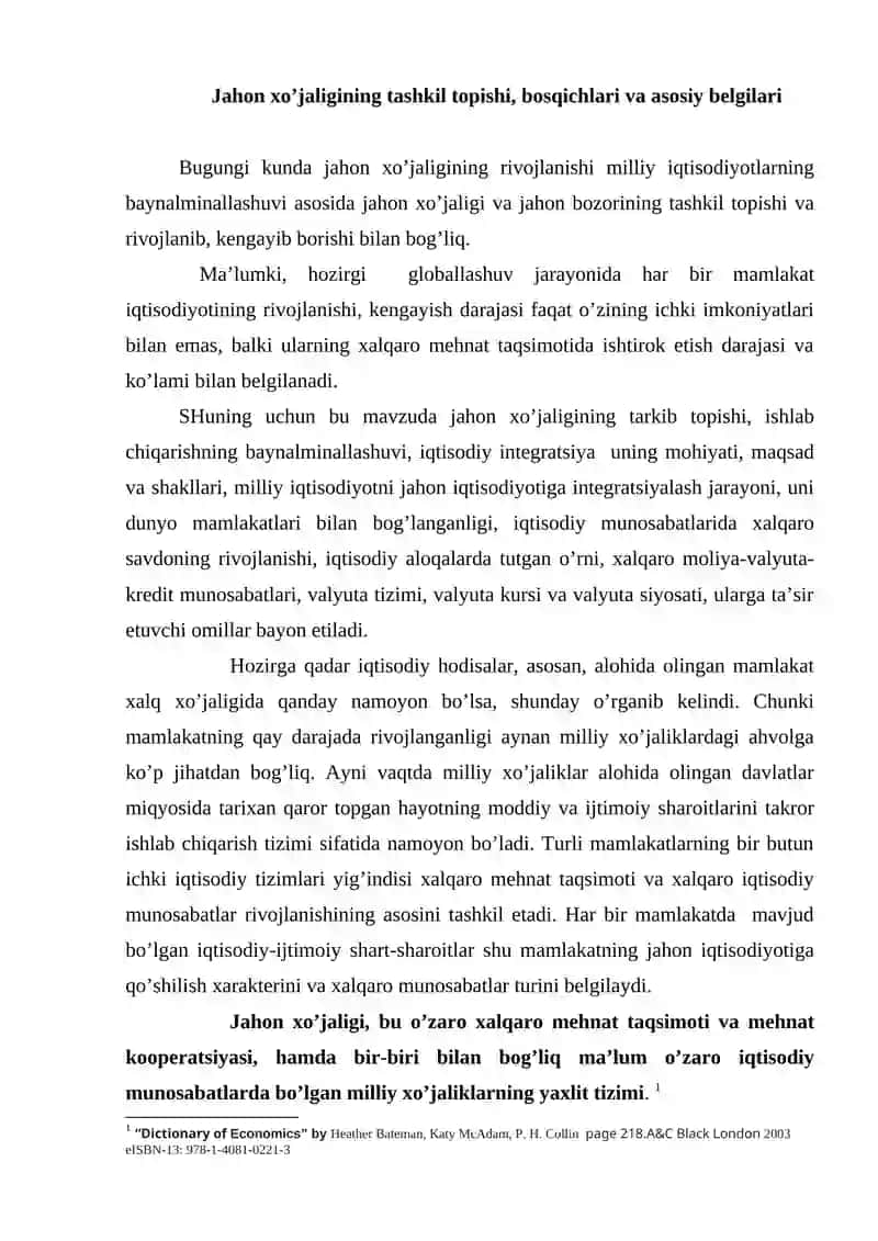 Jahon xo'jaligining tashkil to'pishi, bosqichlari va asosiy belgilari 2