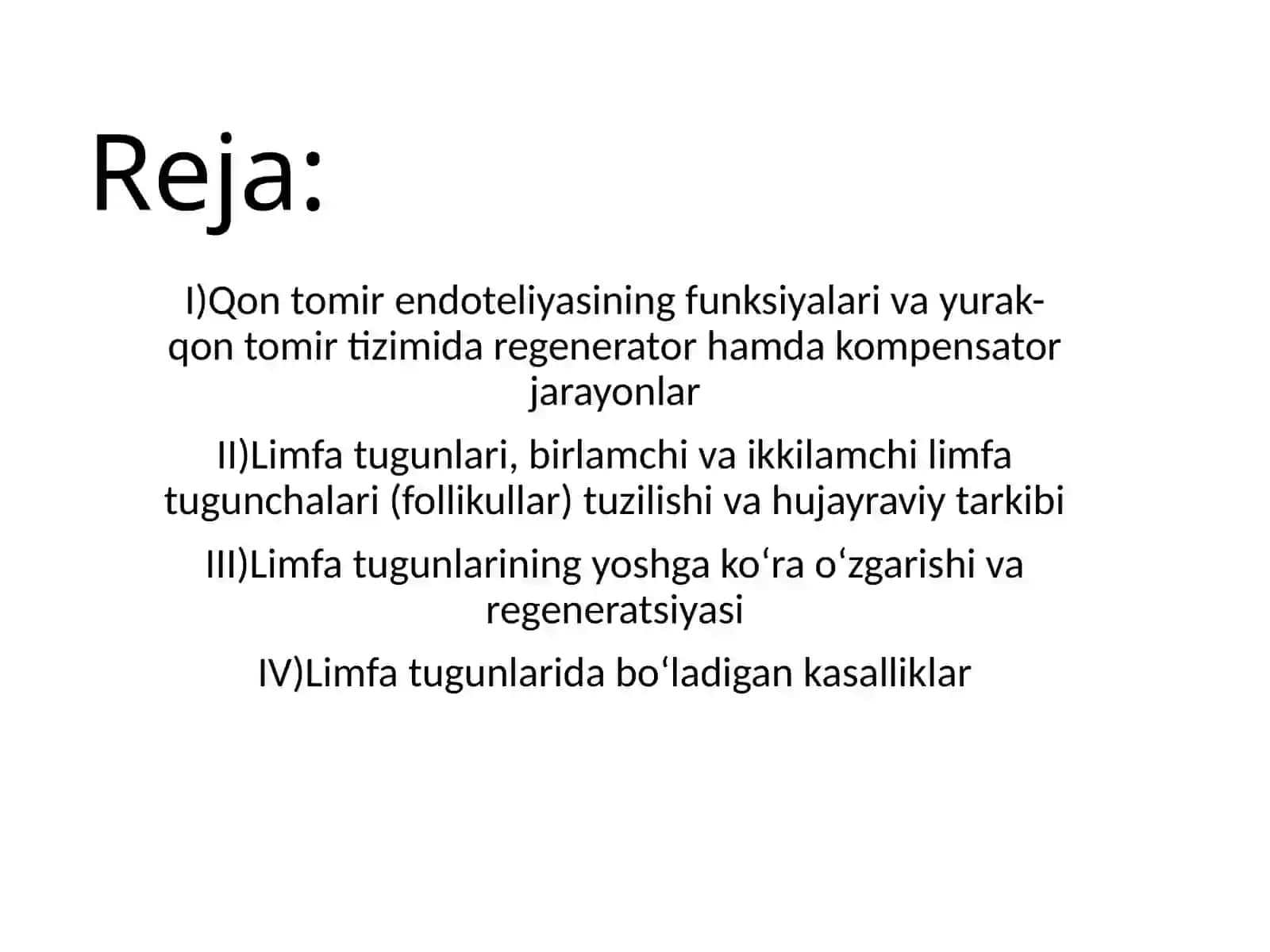 Qon tomir endoteliyasining funksiyalari. Yurak-qon tomirlar tizimida regenerator va kompensator jarayonlar. Limfa tugunlari. Birlamchi va ikkilamchi limfa tugunchalari (follikullar) tuzilishi va hujayraviy tarkibi. Limfa tugunlarining yoshga ko‘ra o‘zgarishi va regeneratsiyasi 2
