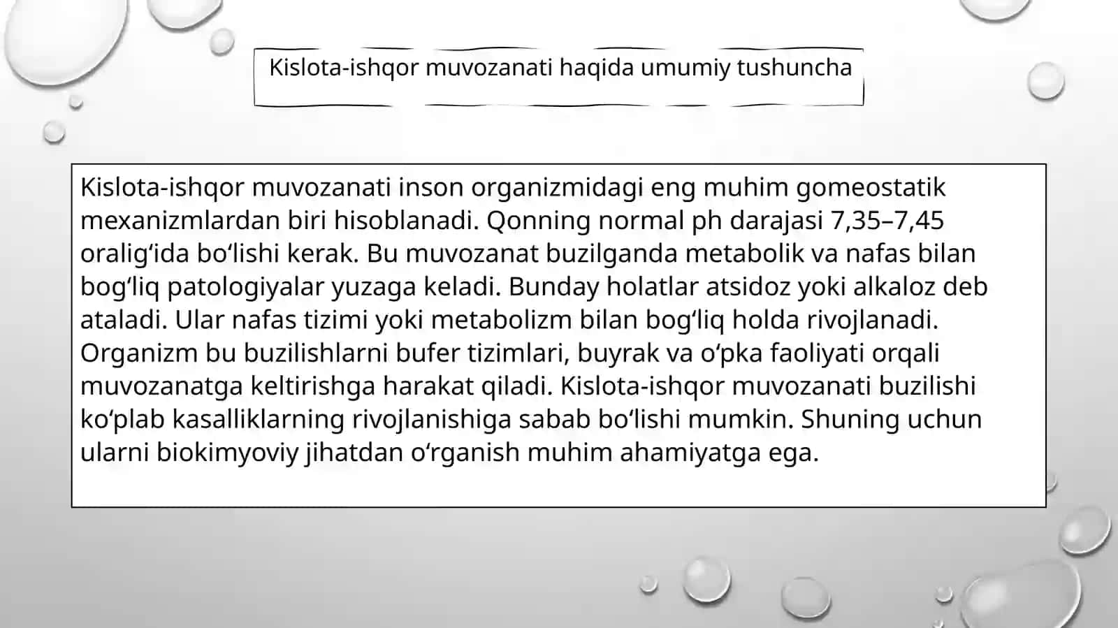 Nafas asidozi, metabolik asidoz, nafas alkalozi va metabolik alkalozlarning kelib chiqishi, biokimyoviy tashxisi 2