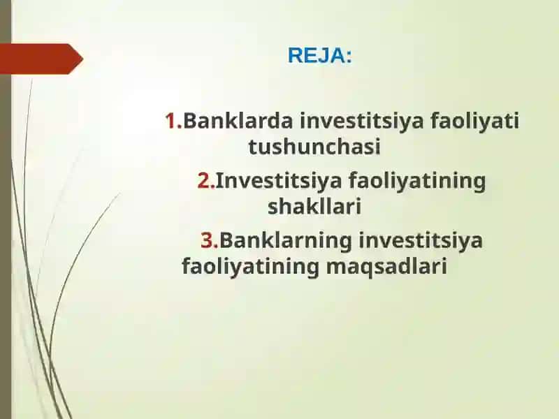Banklarda investitsiya faoliyati tushunchasi, mazmuni va ahamiyati 2