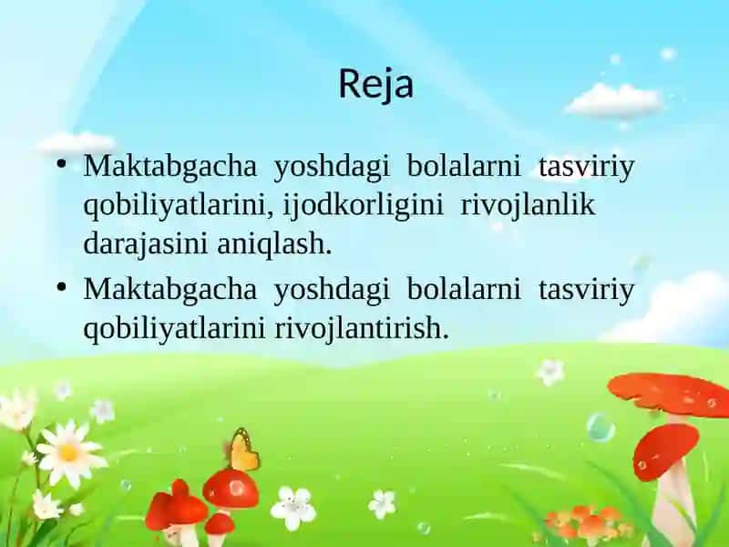 Maktabgacha yoshdagi bolalarni tasviriy qobiliyatlarini, ijodkorligini rivojlanlik. 2