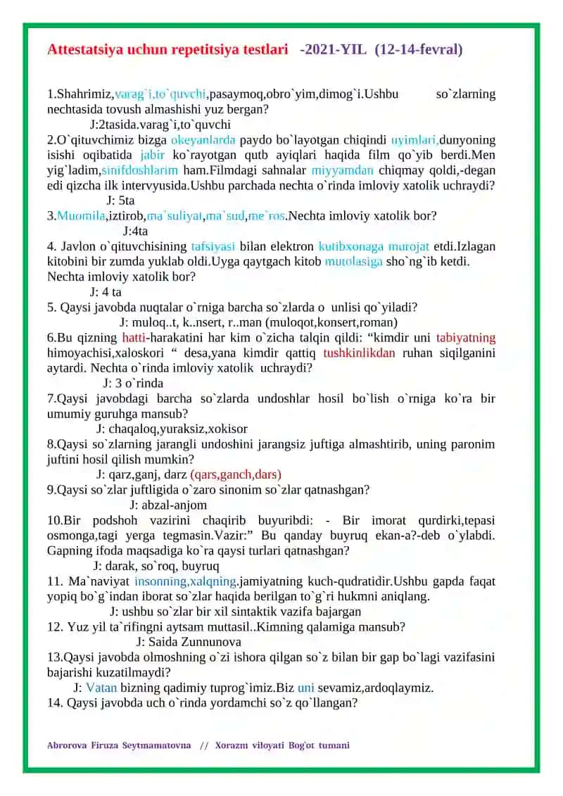 ONA TILI VA ADABIYOT FANIDAN ATTESTATSIYAGA TAYYORGARLIK UCHUN TEST SAVOLLARI.2021-yil repetitsiya testlari (tO`G`RI JAVOBI BILAN) 2
