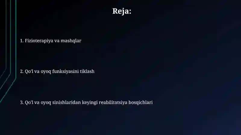 Qo'l va oyoq suyaklari sini shidan keying holatlarda reablitatsiya 2