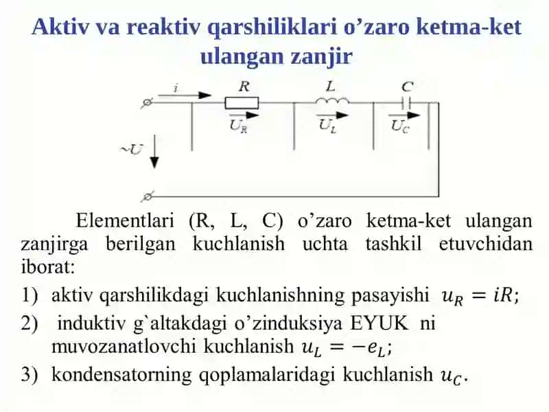 R, L, C ELEMENTLARIKЕTMA-KЕTVA PARALLEL ULANGAN SINUSOIDAL O’ZGARUVCHAN TOK ZANJIRLARIREJA 2