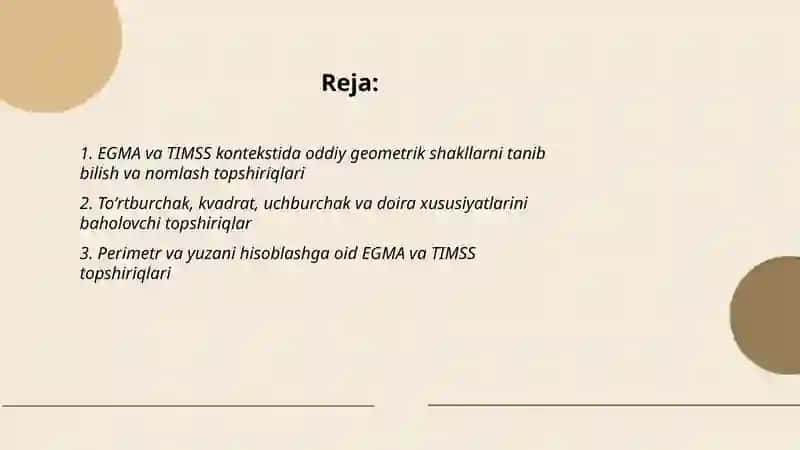EGMA va TIMSS xalqaro baholash dasturida Geometrik shakllar va oʻlchashlar mazmun sohasiga oid topshiriqlar 2