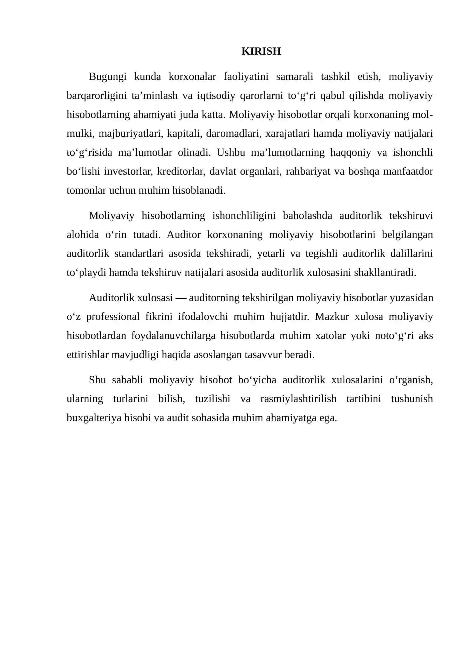 MOLIYAVIY HISOBOT BO‘YICHA AUDITORLIK XULOSALARI 2