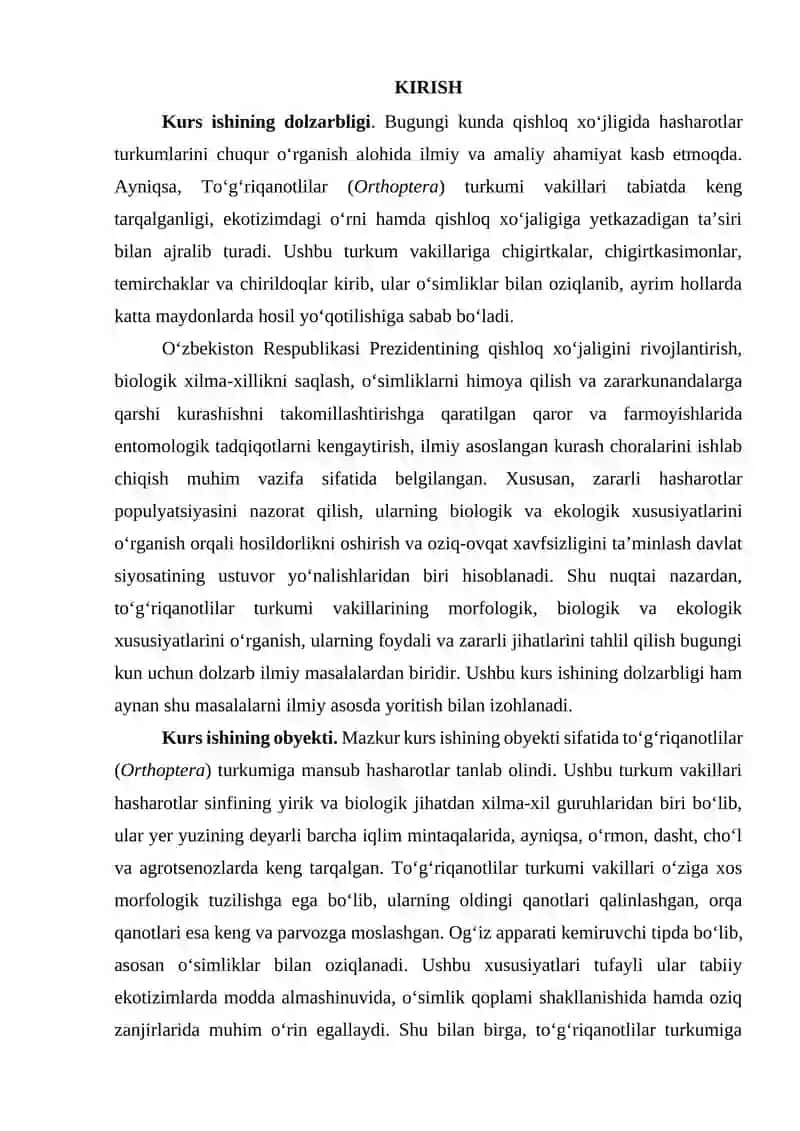 Kurs ishi. Toʻgʻri qanotlilar turkumi vakillari. 2