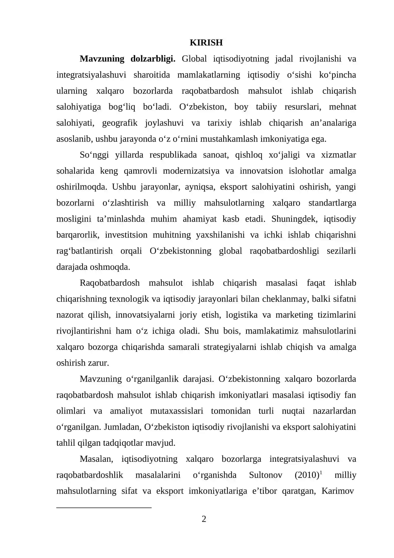 O’zbekistonning xalqaro bozorlar uchun raqobatbardosh mahsulot ishlab chiqarish imkoniyatlari 2