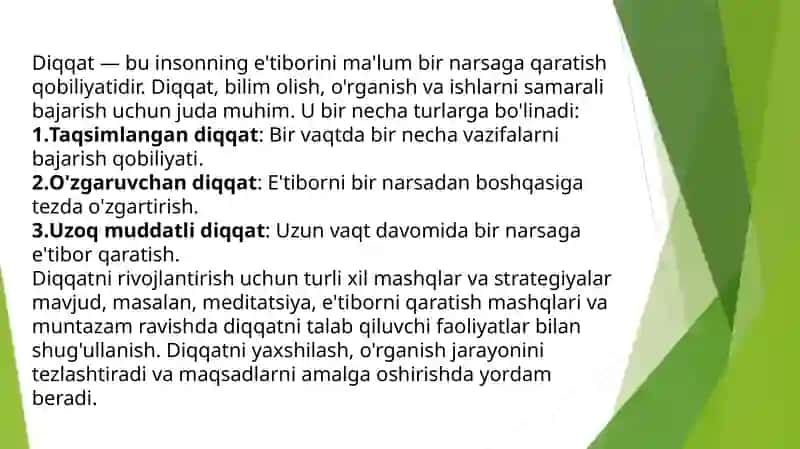 DIQQAT HAQIDA TUSHUNCHA. DIQQATNING FIZIOLOGIK ASOSLARI .DIQQATNING ASOSIY XUSUSIYATLARI. DIQQATSIZLIK VA UNING PSIXOKORREKSIYASI. DIQQAT YETISHMOVCHILIGI SINDROMLARI GIPERAKTIV BOLALARNING MAKTABGA TAYYORGARLIGINING FIZIOLOGIK ASOSLARI. 2