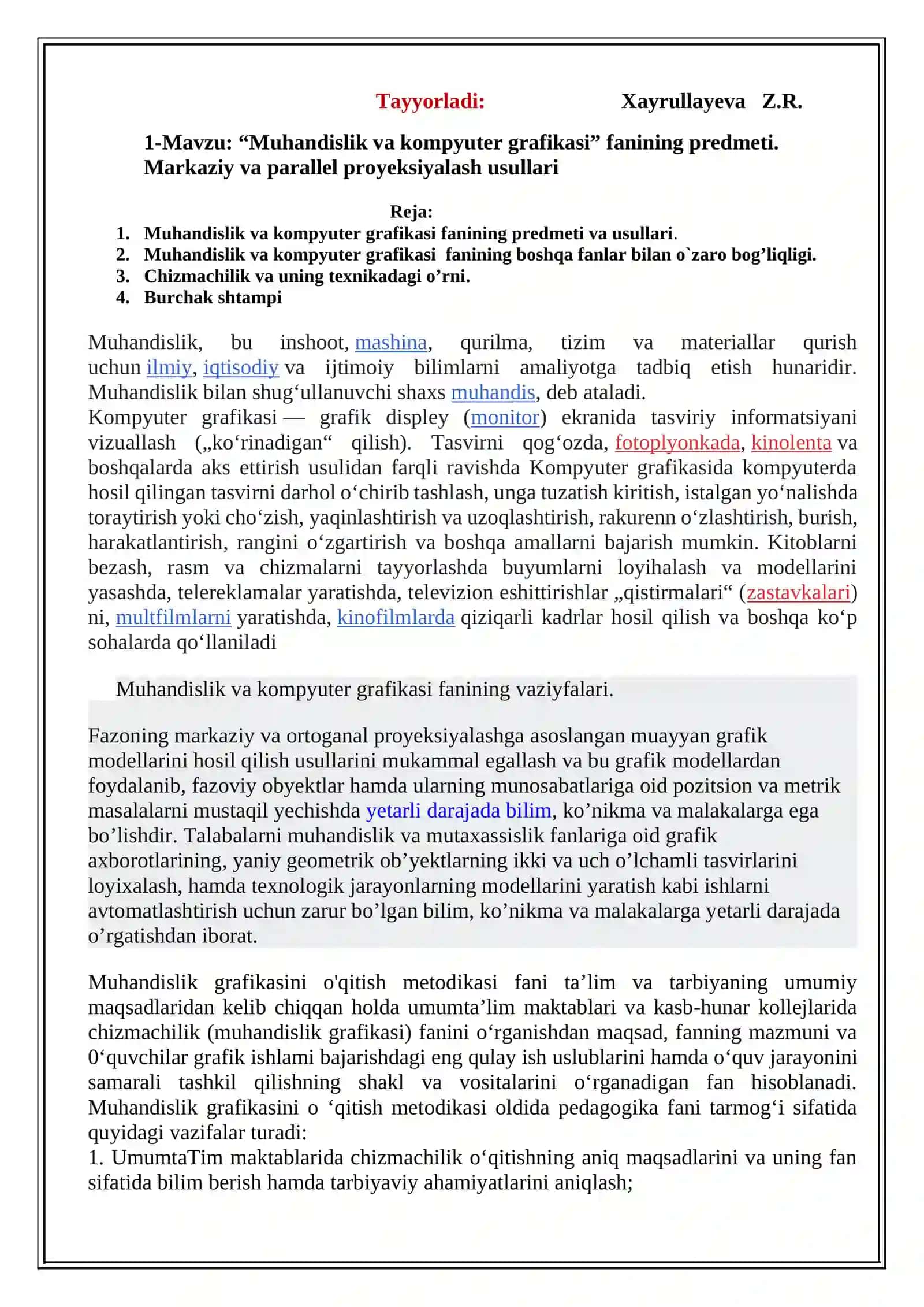 MUHANDISLIK VA KOMPYUTER GRAFIKASI 2
