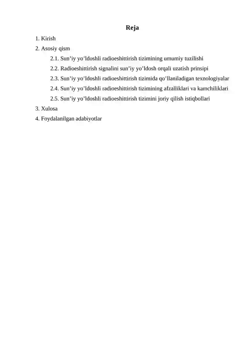 Sun’iy yo’ldoshli tizimi orqali radioeshittirish tizimini joriy qilish  mustaqil ish 2