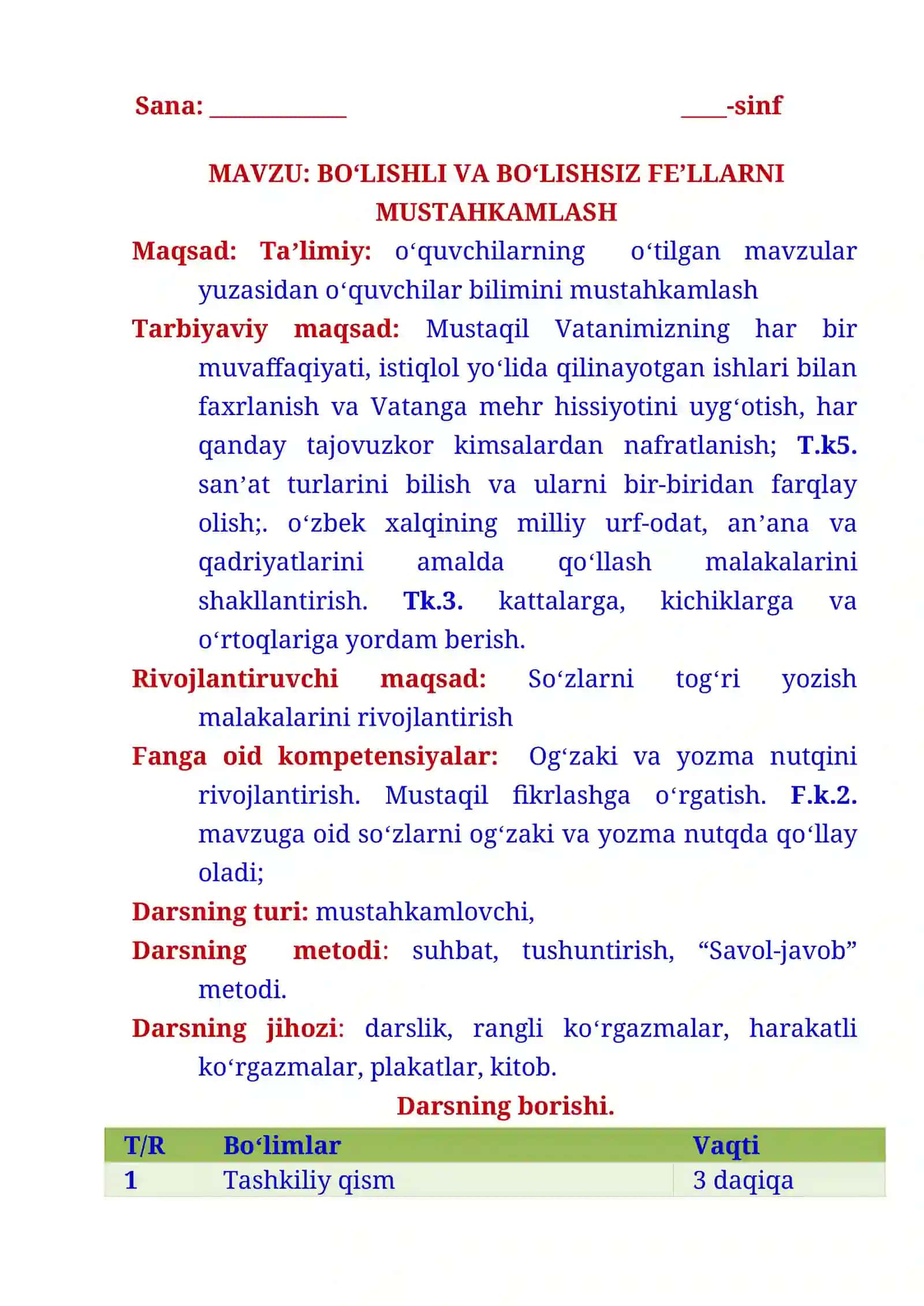 4-sinf Ona tili fanidan Bo'ishli va bo'lishsiz fe'llar 4-chorak dars ishlanmasi 2