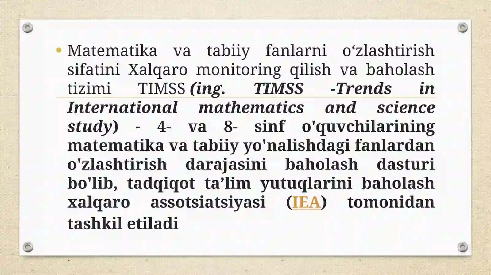 TIMSS baholash dasturining maqsadi, yoʻnalishlari, mazmun sohalari, kognitiv sohalar 2