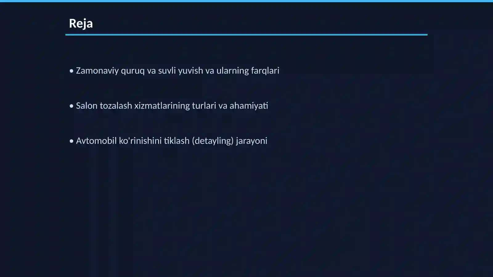 Zamonaviy quruq va suvli yuvish, salon tozalash va avtomobil ko'rinishini tiklash (detayling) xizmati 2