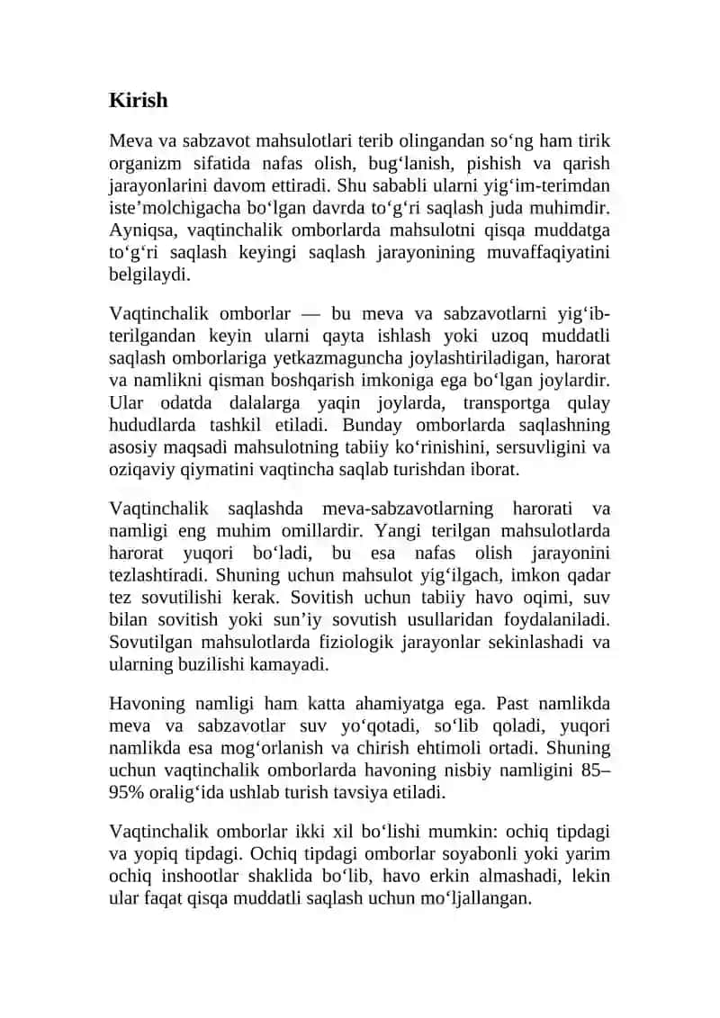 Meva-sabzavotlarni vaqtinchalik omborlarda saqlash usullari va  yaxshilash choralari. 2