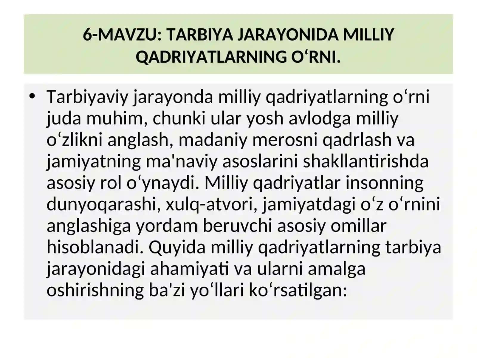 TARBIYA JARAYONIDA MILLIY QADRIYATLARNING OʻRNI 2