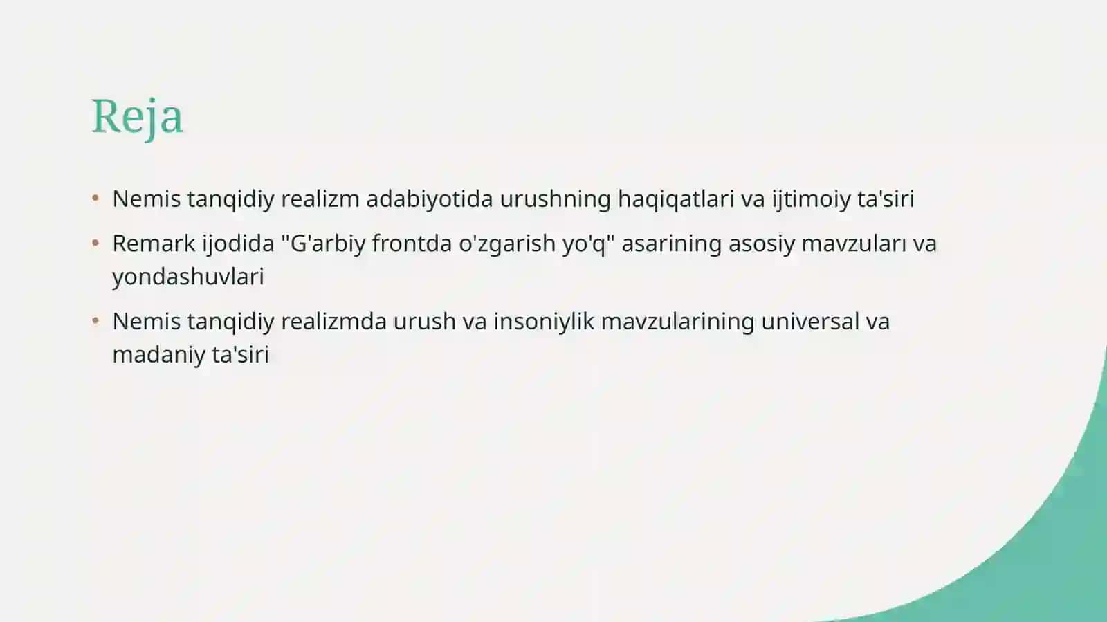 Nemis tanqidiy realizm adabiyoti. Remark ijodi G'arbiy frontda o'zgarish yo'q 2