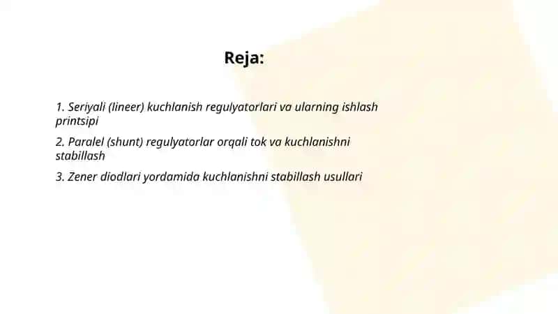 Tok va kuchlanish oʻzgarishini stabillash usullari 2