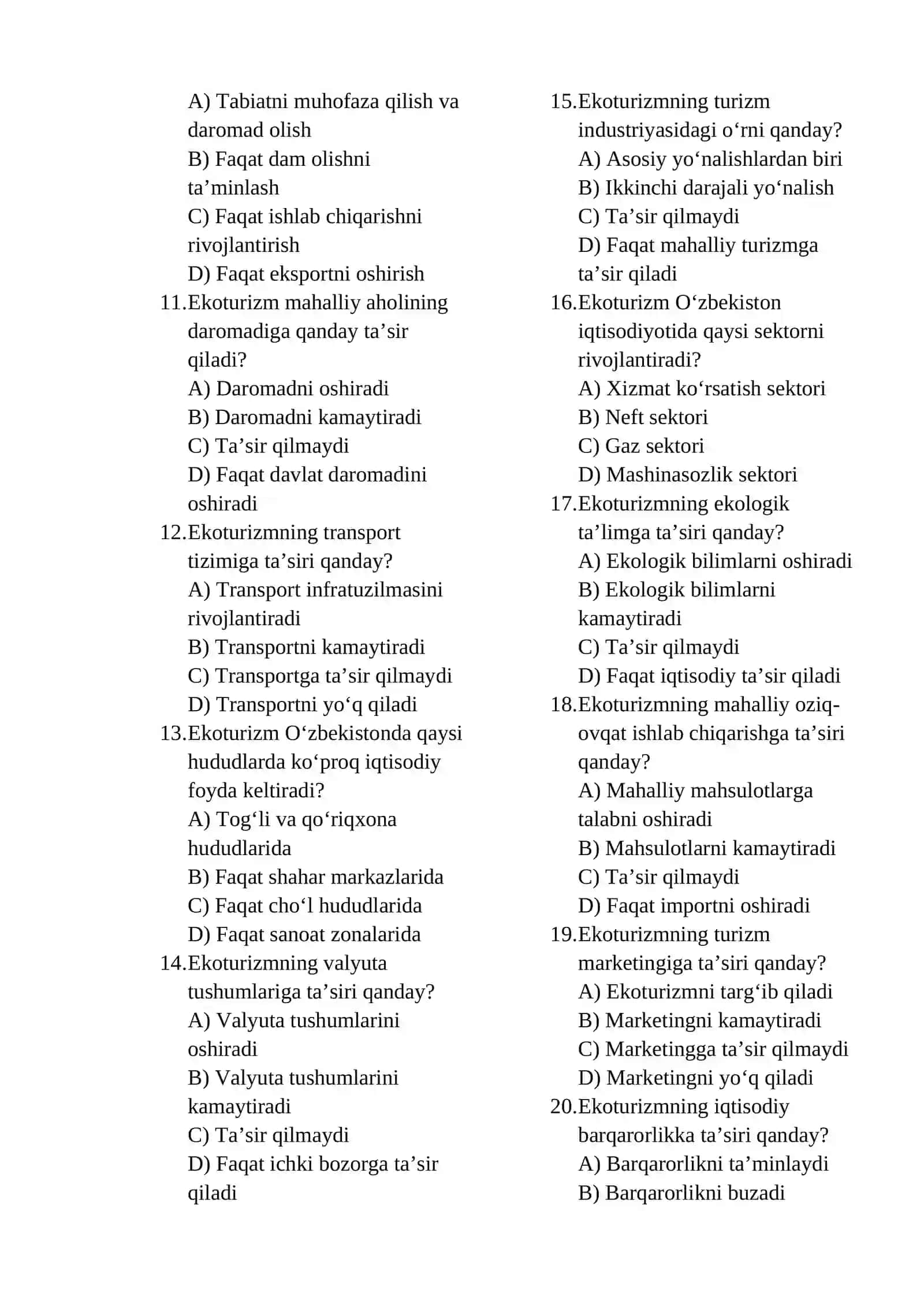 Ekoturizmning iqtisodiyotga ta'siri Test Savollari 2