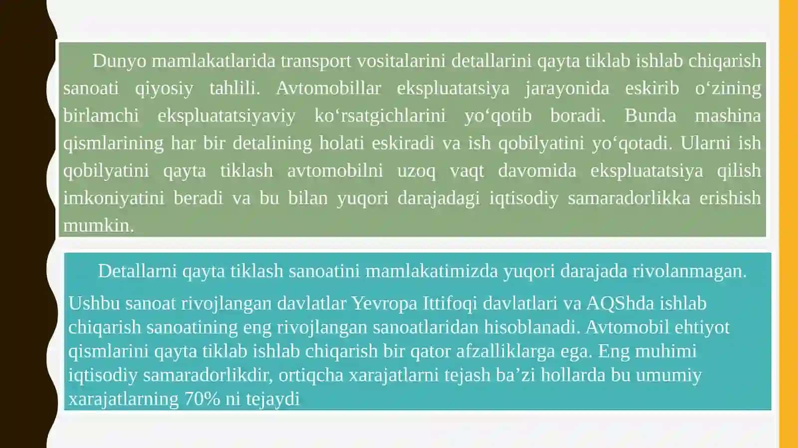 TRASPORT VOSITA DETALLARINING ISHLASH SHAROITLARI VA ULARNI ISHLASH QOBILIYATINI BELGILOVCHI KO‘RSATKICHLAR 2
