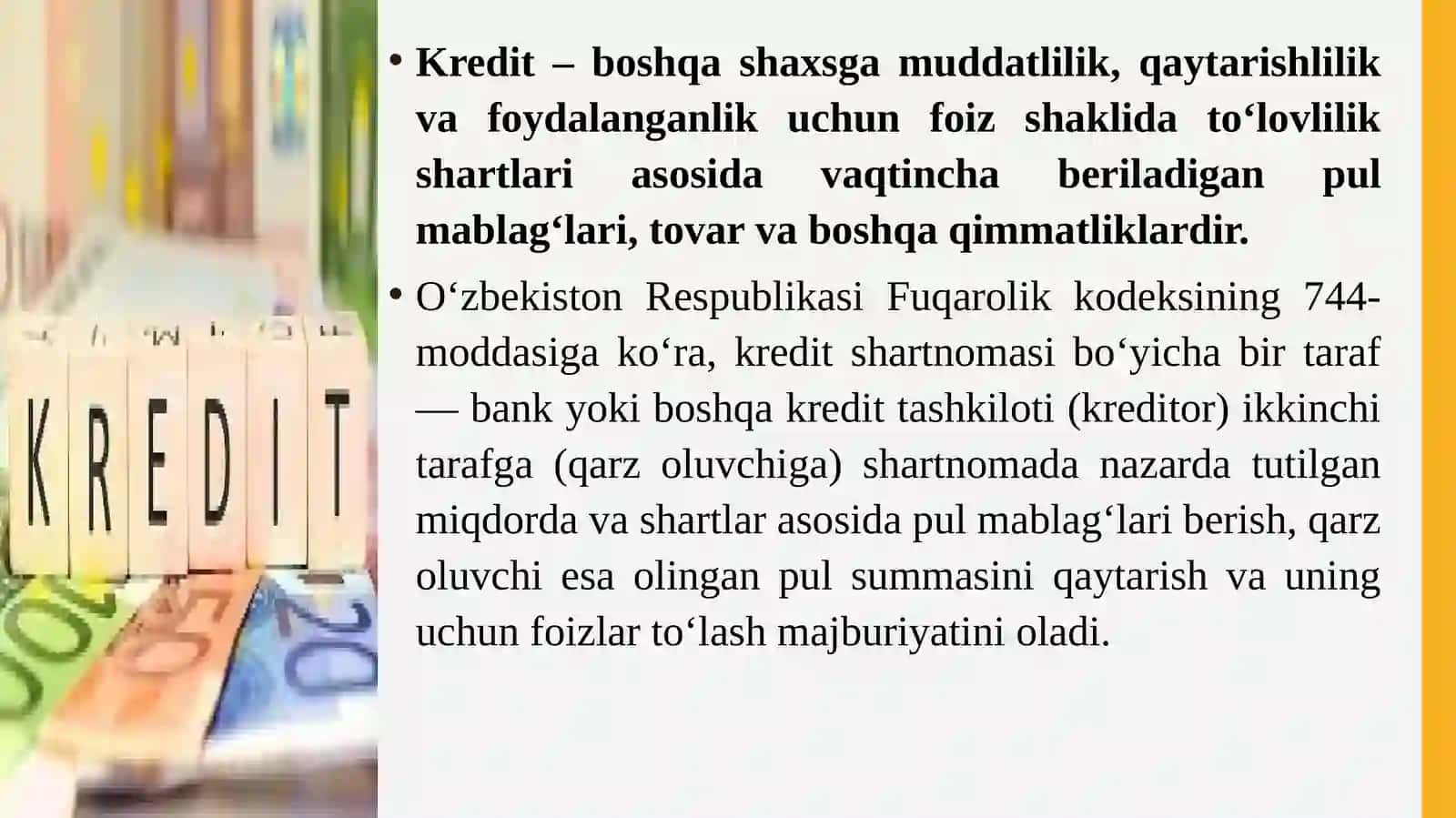Kredit shartnomasi va kredit oluvchi majburiyatining bajarilishini kafolatlash 2