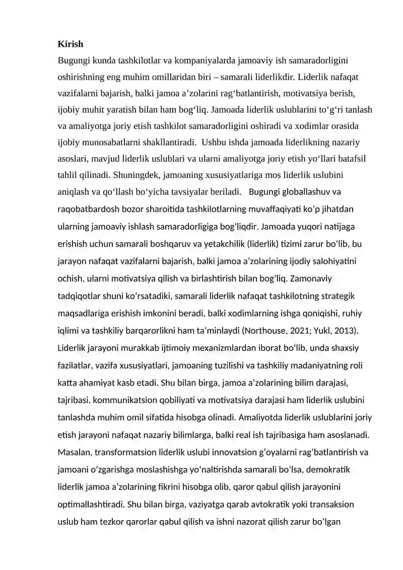 JAMOADA LIDERLIK USLUBLARINI O‘RGANISH VA AMALIYOTGA JORIY ETISH 2