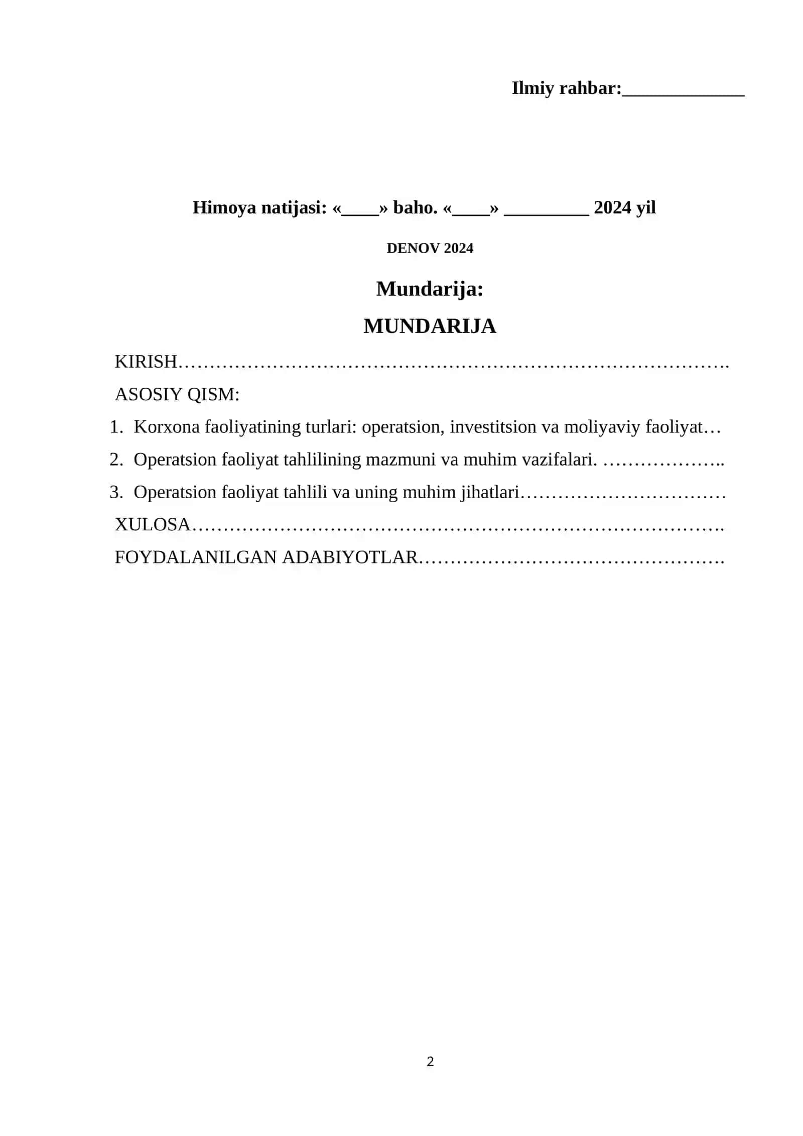 Korxonaning operatsion faoliyatini tahlili
va uning muhim jihatlari 2